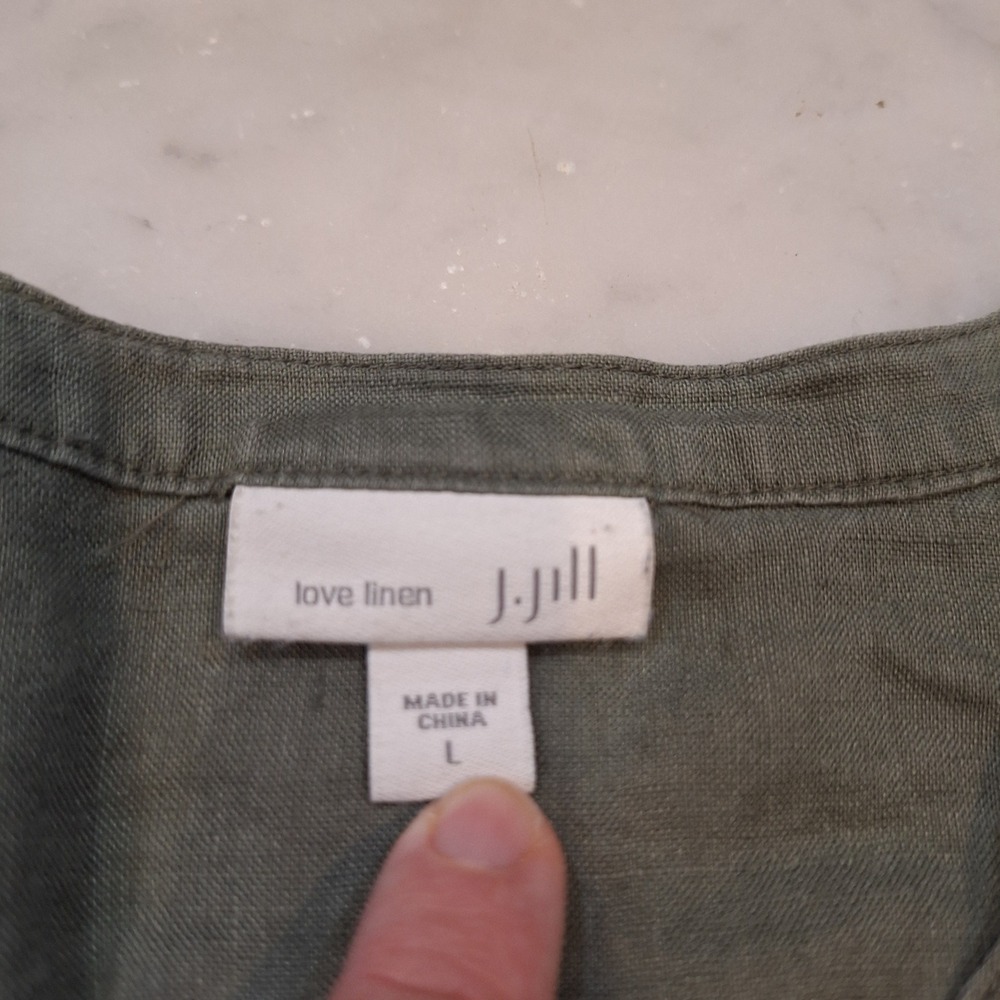 J. Jill Tunic Sz L Olive Green 100% Linen Side Tie Button Down Long Sleeve Top - Picture 2 of 8